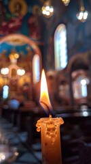 The candle flame in orthodox church, close up - obrazy, fototapety, plakaty