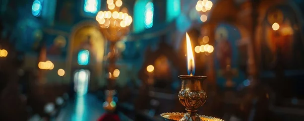 Foto op Plexiglas The candle flame in orthodox church, close up © Svitlana
