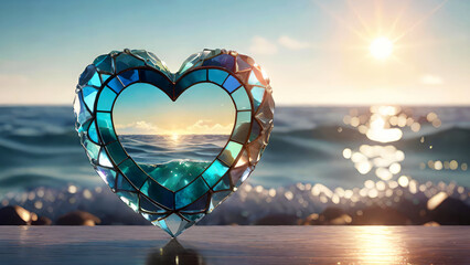 Stained glass mosaic heart on the ocean beach. Love, summer vacation,travel concept. Generative AI.
 - obrazy, fototapety, plakaty