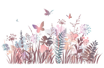 Meadow herbs and flying butterflies. Flowering summer or spring field in watercolor style.