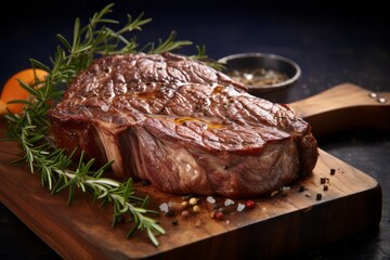 Highly detailed close-up photography of a delicious medium rare ribeye steak on a wooden board against a polished cement background. AI Generation