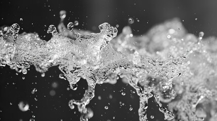 Water splash with drops of water on a black background. Black and white. Delicate spray of water emerging from a narrow nozzle, frozen in motion. The droplets hang in the air
