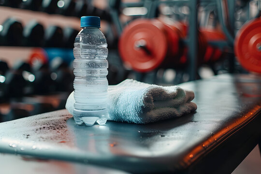 Sport, fitness, healthy lifestyle and bodybuilding concept - close up of bottle with water and wet towel in gym background. Set of personal sport stuff lay on training bench in fitness gym