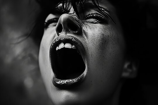 Black and white portrait of a woman screaming in a dark room. A close-up photograph capturing the facial expression of a person in distress, their mouth wide open in a silent wail.