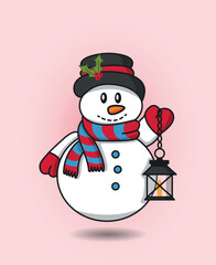 Cartoon snowman in a hat, mittens and scarf holding a lantern with candles