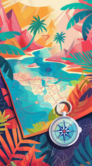 Travel and adventure-themed colorful color illustration with a compass