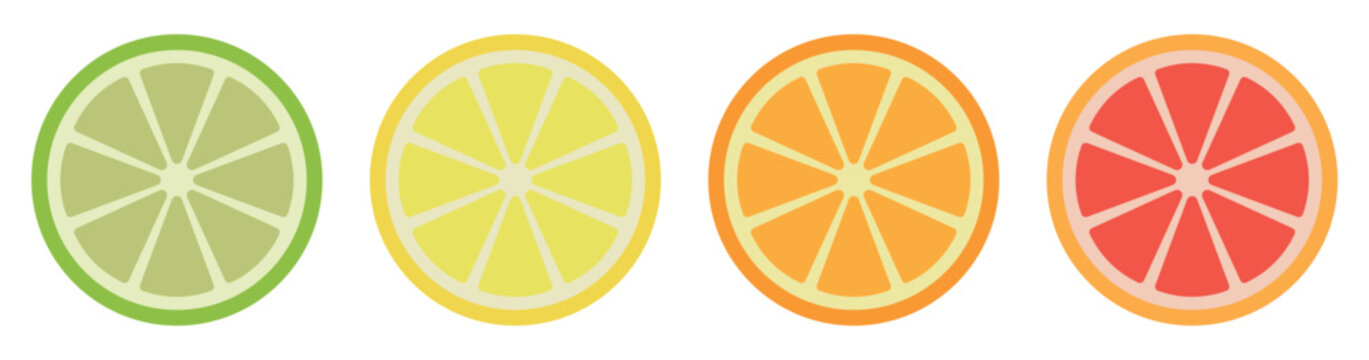 Citrus fruit icons set. Lime, lemon, orange and grapefruit slice. Collection citrus of vector icons isolated. Vector illustration