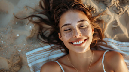 young woman laying on a beach towel on the beach in summer with eyes closed .png - Powered by Adobe