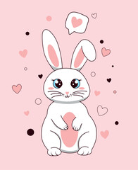Cute cartoon white bunny with a heart for Valentine's day on a pink background