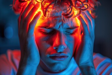 Brain diseases problem cause chronic severe headache migraine. Male adult look tired and stressed