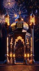 Obraz premium ramadan kareem eid mubarak royal elegant lamp with mosque holy gate with fireworks.