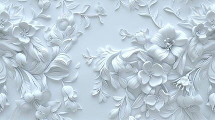 a highly detailed 3D representation of elegant spring florals in a white color scheme. SEAMLESS PATTERN.