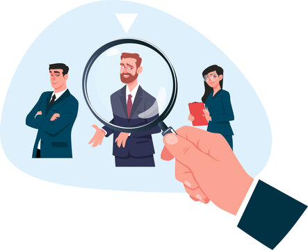 Сoncept of selecting best best employee for company, hand with magnifying glass selects future employee for office.