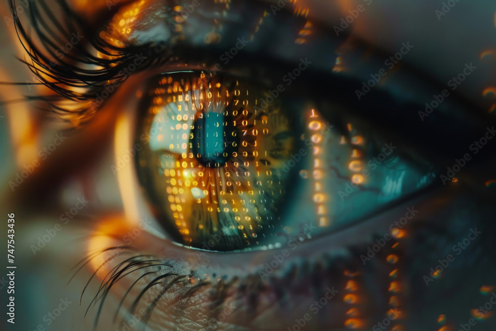 Poster a close up of a woman 's eye with binary code reflected in it