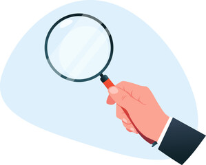 Businessman hand holds large magnifying glass, concept of searching and magnifying 