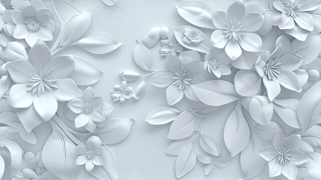 a highly detailed 3D representation of elegant spring florals in a white color scheme. SEAMLESS PATTERN. © lililia