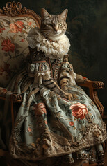 Regal Cat in Vintage Attire - A Detailed Portrait of a Cat Dressed in Elegant Historical Clothing Sitting on an Ornate Chair