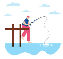 Cartoon man fishing on the lake on the pier