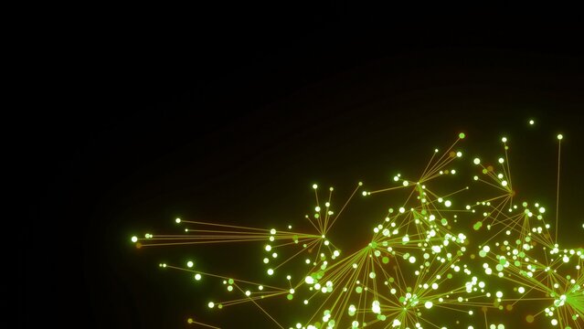 futuristische gelb grün leuchtende synchrone Netzwerkverknüpfungen mit Knotenpunkten, Fraktal, Muster, Kreis, Links, Verbindungen, KI, Internet, Server, Plexuseffekt, System, FTTH, Daten, leuchten
