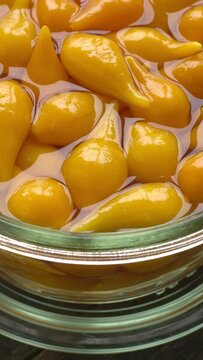 Close up view of pickled whole Biquinho Yellow chili in a glass jar on a rustic wooden table. Sour and sweet Asian-style pickled homegrown chilies. Table spin. Vertical video.