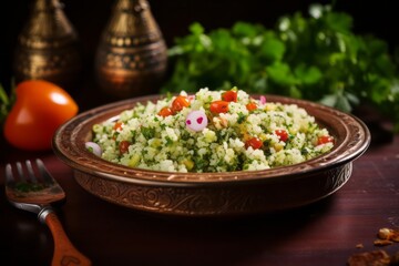 Macro view photography of a refined  tabbouleh on a plastic tray against a vintage wallpaper background. AI Generation