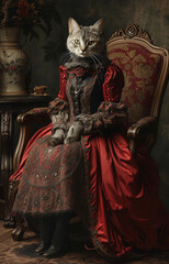 Elegant Cat in Vintage Victorian Dress Sitting on an Ornate Chair - A Creative and Whimsical Digital Art Piece for Pet Lovers and History Enthusiasts
