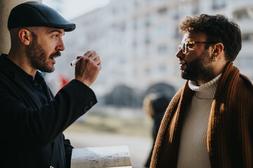 Two stylish businessmen engaging in an outdoor work discussion in the city.