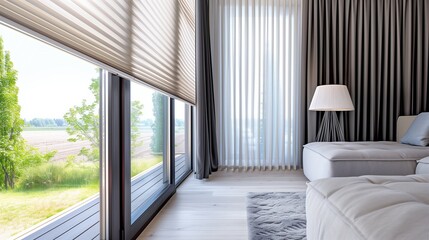 Modern interior window with energy-efficient cellular shades, featuring honeycomb design for superior thermal insulation and light control in a stylish home setting. - obrazy, fototapety, plakaty