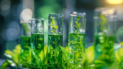 A scientist in a laboratory conducts research and development on bio-based materials, exploring sustainable alternatives for manufacturing using organic compounds and green technology.