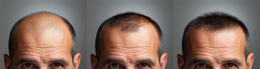 Collage of 3 photos a man with a hair loss problem before and after treatment, anti-hair loss procedures, hair transplant, on a gray background, collage. Appointment with a trichologist. - obrazy, fototapety, plakaty