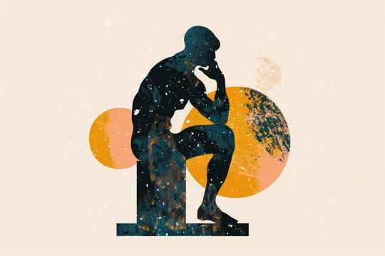 The Thinker sculpture silhouette , showing the concept of philosophy. This inspires contemplation and intellectual exploration, signifying deep thought and introspection. 