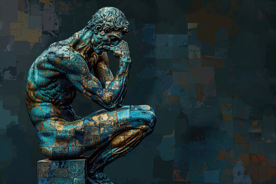 The Thinker sculpture, showing the concept of philosophy. This inspires contemplation and intellectual exploration, signifying deep thought and introspection with copy space