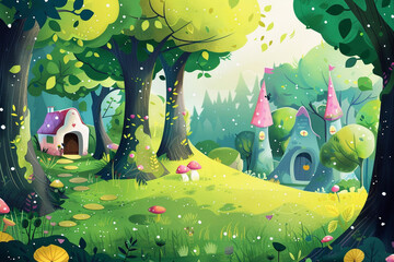 Enchanted Forest Scene with Whimsical Fairy-Tale Houses backgroundbackground - obrazy, fototapety, plakaty