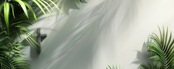 Palm sunday background. Cross and palm on grey background. - obrazy, fototapety, plakaty