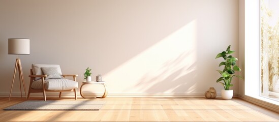 A contemporary room with minimalist decor, wooden floors, a simple chair, and a lamp. Sunlight streams in through the window, creating a bright atmosphere.