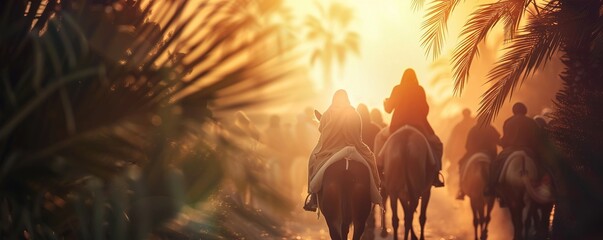 Palm Sunday. Jesus rides the donkey into Jerusalem - obrazy, fototapety, plakaty