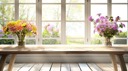 Wooden table of free space for your decoration. White big window with spring time. Fresh flowers on top