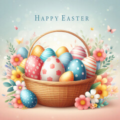 Illustration of easter eggs in basket with flowers and butterflies. Happy easter day