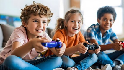 three excited kids playing video games together friends game controller happy smiling 