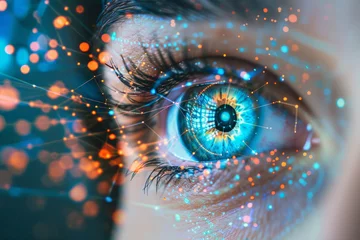 Fototapeten A close up of a woman 's eye with a blue iris © MagnusCort
