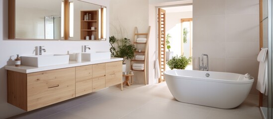 This modern bathroom features a white ceramic bathtub, sink, mirror, cupboards, tiled walls and floor, and a wooden door.