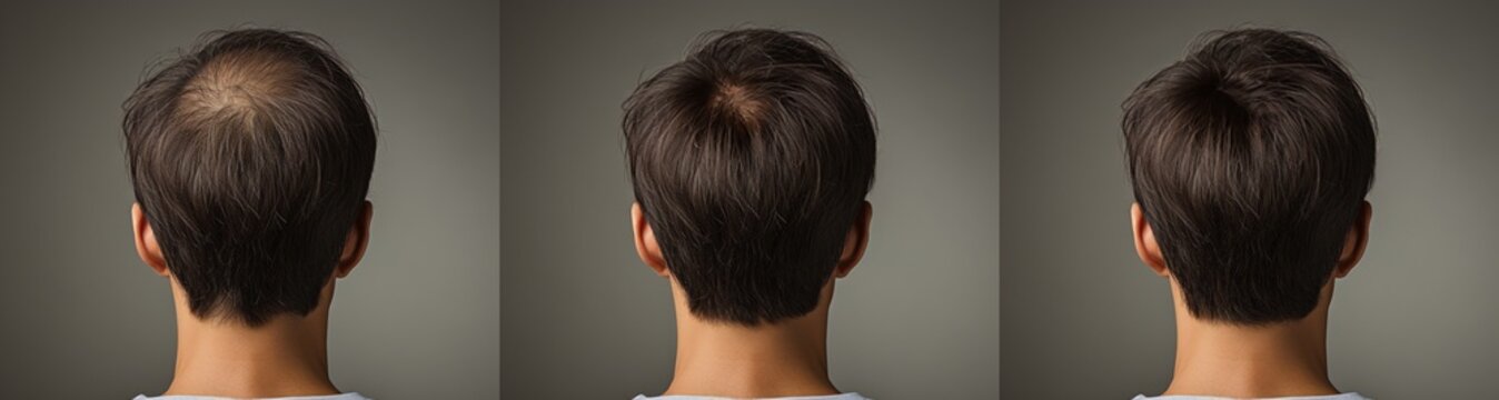 A man with a hair loss problem before and after treatment, anti-hair loss procedures, hair transplant, on a gray background, collage. Appointment with a trichologist.