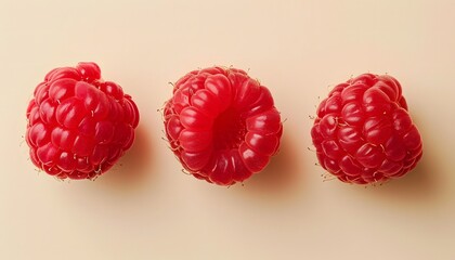 three close up red raspberries nicely arranged 