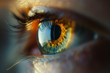 A close up of a woman 's eye with a yellow pupil - obrazy, fototapety, plakaty