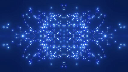 futuristische blau leuchtende synchrone Netzwerkverkn&uuml;pfungen mit Knotenpunkten, Fraktal, Muster, Kreis, Verbindungen, KI, Internet, Server, Plexuseffekt, System, FTTH, Daten, leuchten
