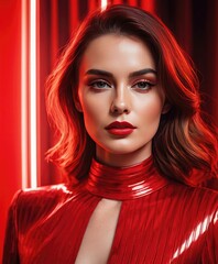Woman in red, in the style of postmodern photography, striped compositions, intense lighting, stylish makeup, photo suitable for advertising.