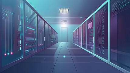 the efficiency and precision of AI data processing in a bustling Data Center, where servers hum with activity, conveying both speed and accuracy.