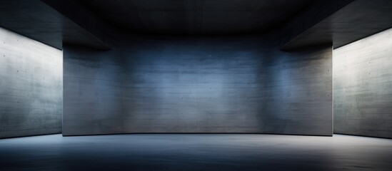 An empty room devoid of any furniture or inhabitants. The space is constructed with dark abstract concrete and coquina smooth walls, creating a stark and minimalistic architectural background.
