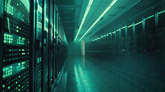 the efficiency and precision of AI data processing in a bustling Data Center, where servers hum with activity, conveying both speed and accuracy.