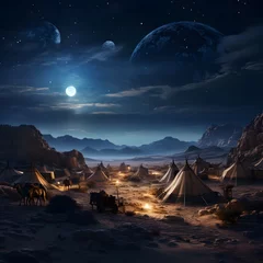 Fotobehang the moonlit desert, with tents and camels resting beneath the serene night sky © wizXart